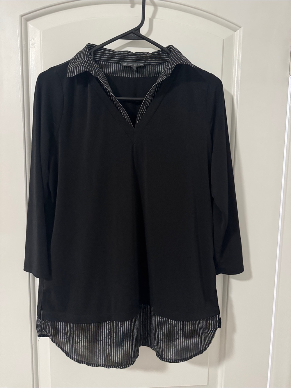 Adrianna Papell Black Layered V-Neck Tunic with Striped Collar